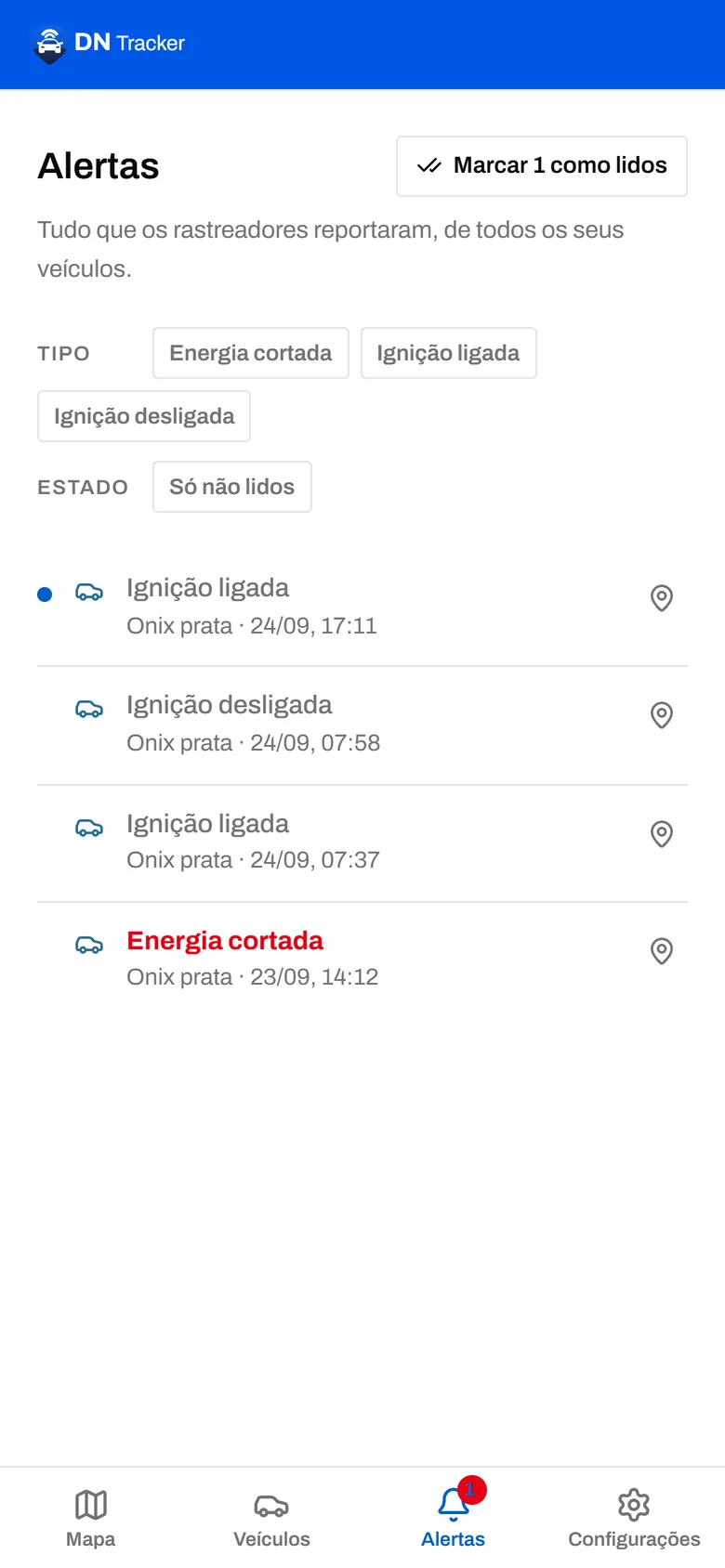 Tela de alertas: ignição ligada, ainda não lida; ignição desligada; ignição ligada; e energia cortada no dia anterior.
