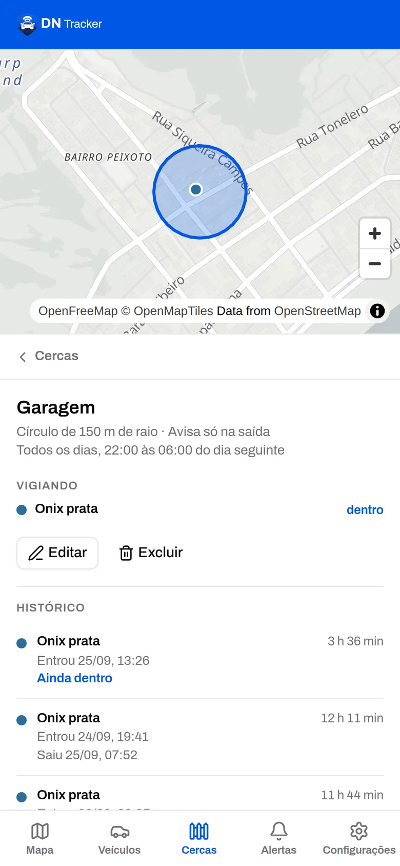 Tela da cerca Garagem, um círculo de 150 m em Copacabana que avisa só na saída, todos os dias das 22:00 às 06:00: o Onix prata está dentro desde 13:26, e as entradas e saídas dos dias anteriores aparecem abaixo.