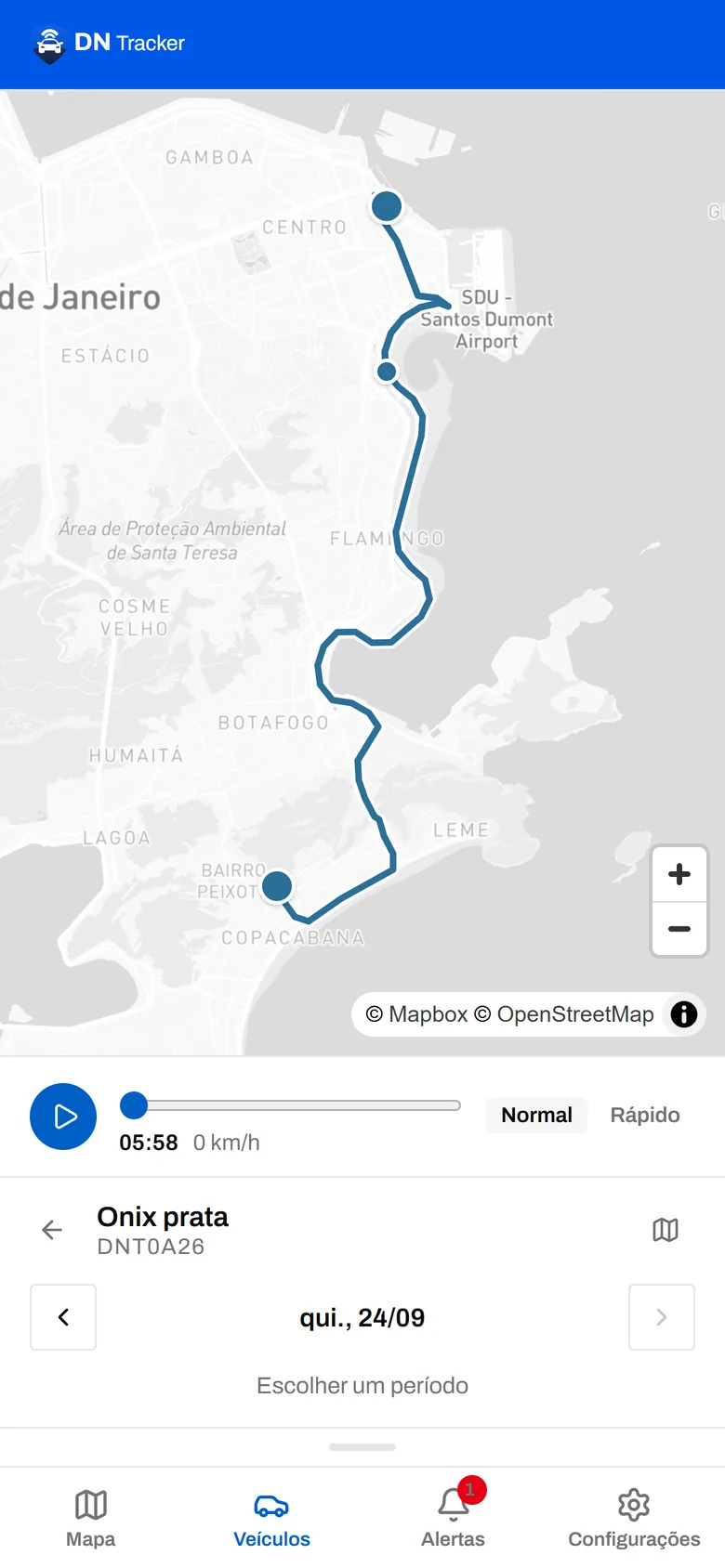 Tela do histórico de trajeto: o caminho de Copacabana até o Centro pelo Aterro do Flamengo, com as paradas marcadas no mapa.